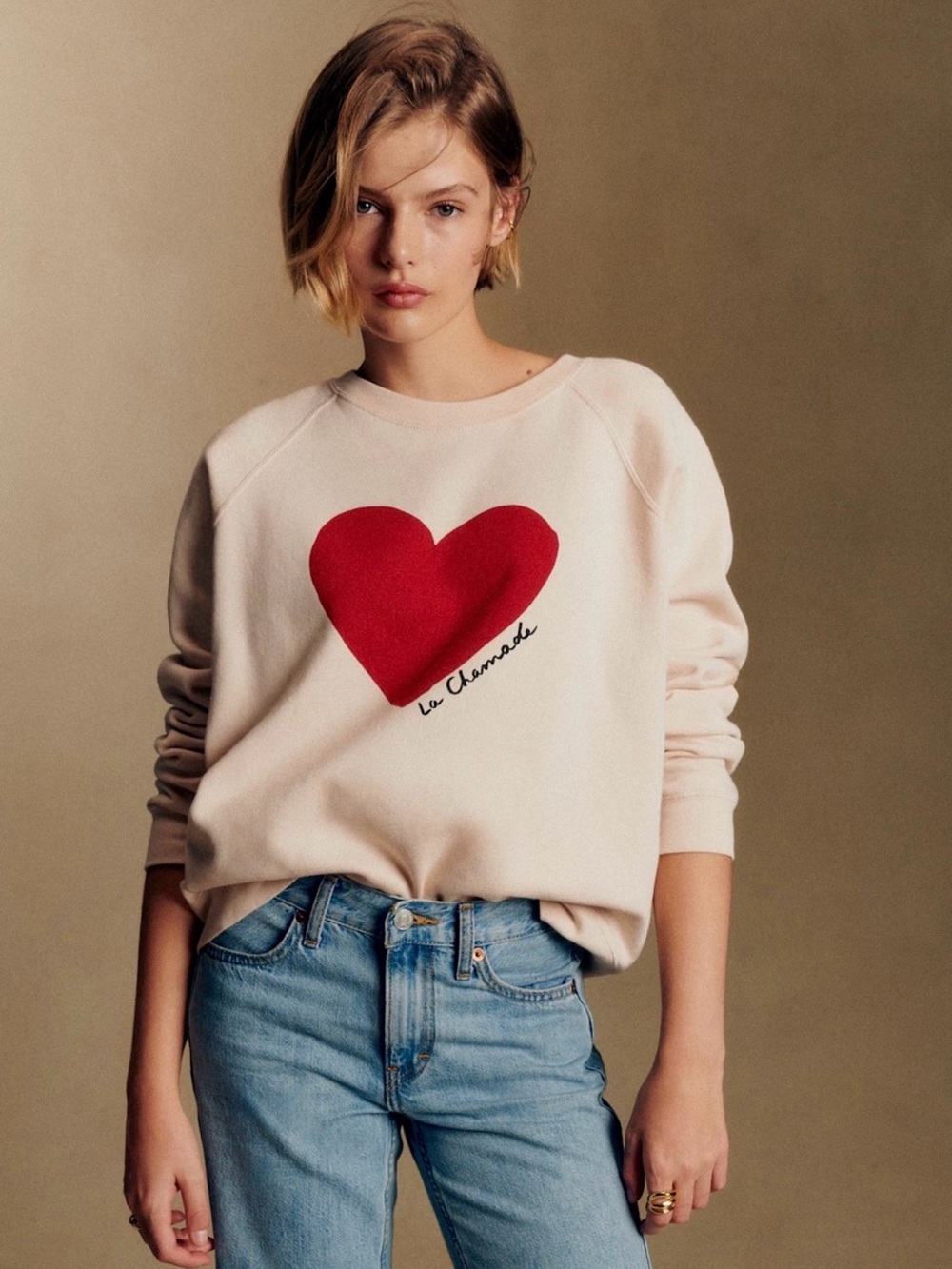 NWT 🇫🇷 Sézane La Chamade Cream Sweatshirt Red Heart